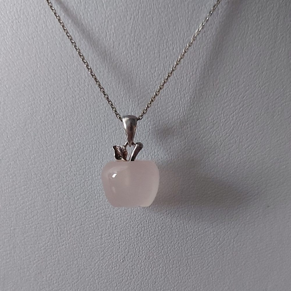 Dainty Rose Quartz Apple Pendant Necklace 925 Sterling Silver Chain - Picture 3 of 16